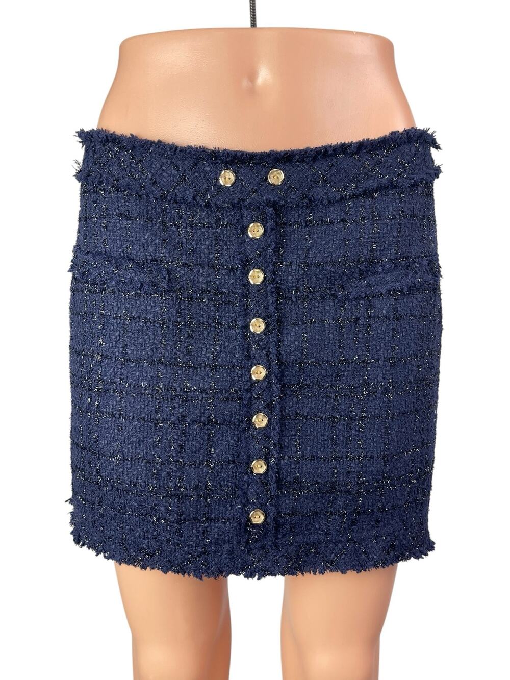 Alythea Women's Blue Tweed Frayed Hem Mid Rise Slim Button Mini Straight Skirt M